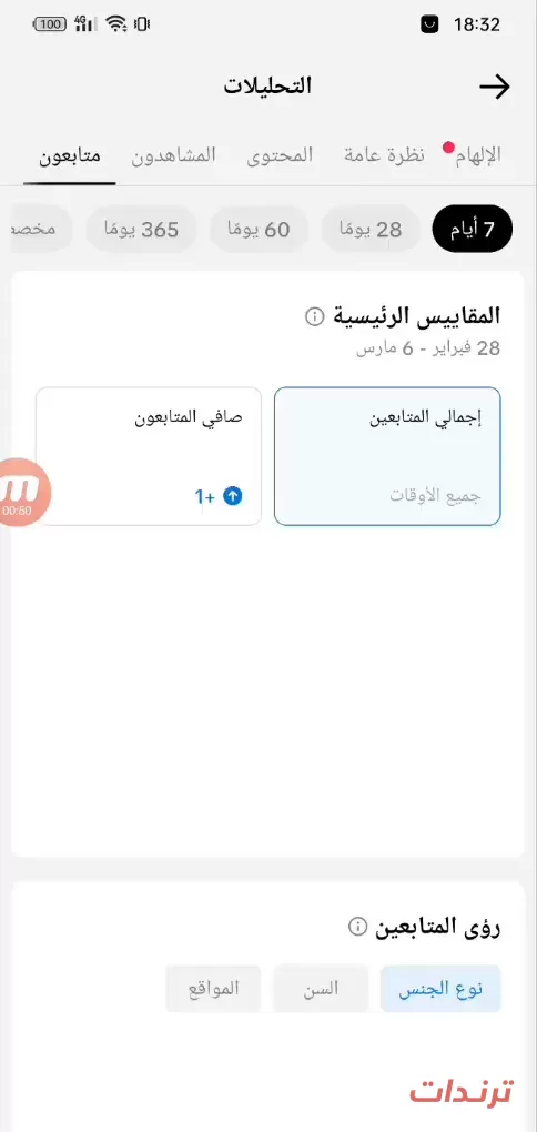 تبويب متابعون في تحليلات تيك توك مع فلاتر المدة لمعرفة أفضل وقت للنشر